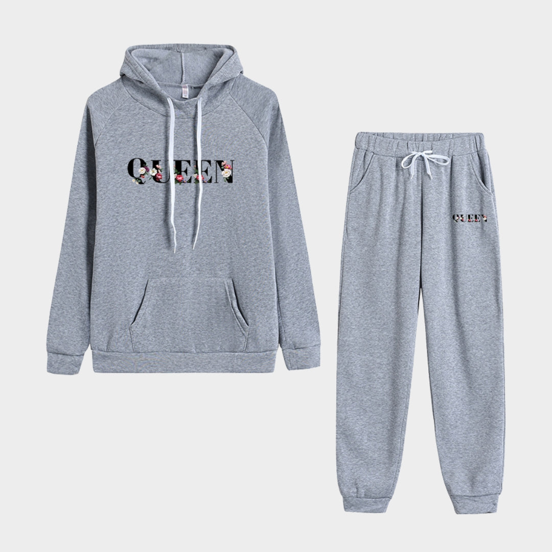 Women's Tracksuit Two-Piece Set - Jogging Sweatshirt and Hoodie Suit, Casual and Sporty with Drawstring (Black and Grey)