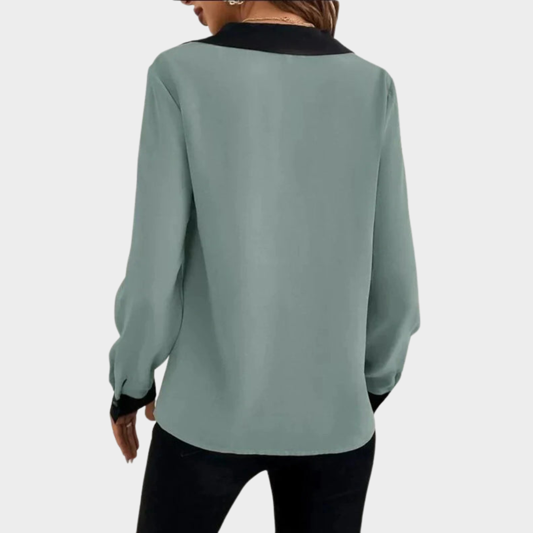 Women's V-Neck Blouse – Long Sleeve – Patchwork Color – Office Wear – Multiple Colours