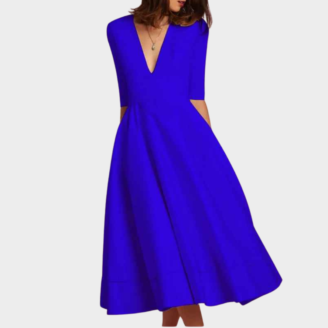 Women's Elegant Midi Dress - Deep V-Neck A-Line Fit - Half Sleeve Party Dress - Multiple Colours