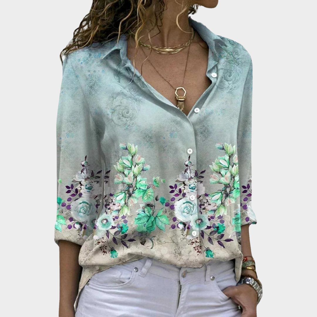 Women’s Floral Print Long Sleeve Shirt – Loose Fit Lightweight Button-Up Casual Blouse – Soft Collar Top – Multiple Colours
