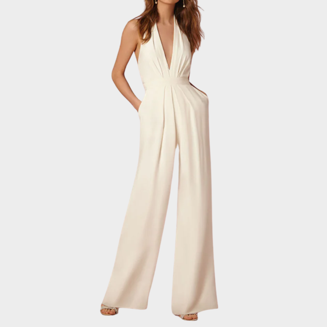 Women’s Halterneck Jumpsuit – Sleeveless Wide-Leg Fit with V-Neck & Pockets – Lightweight Polyester Blend – Multiple Colours