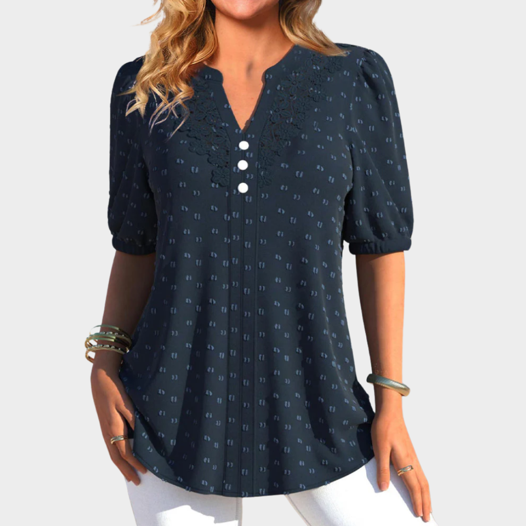 Women's Blouse – Short Sleeves – Press Stud Front – Casual & Elegant – Navy Blue