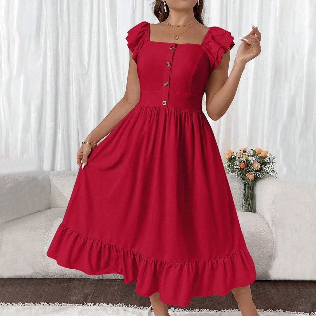 Women French Style Dress – Square Neck – Short Fly Sleeves – Relaxed Fit – Soft Fabric – Red