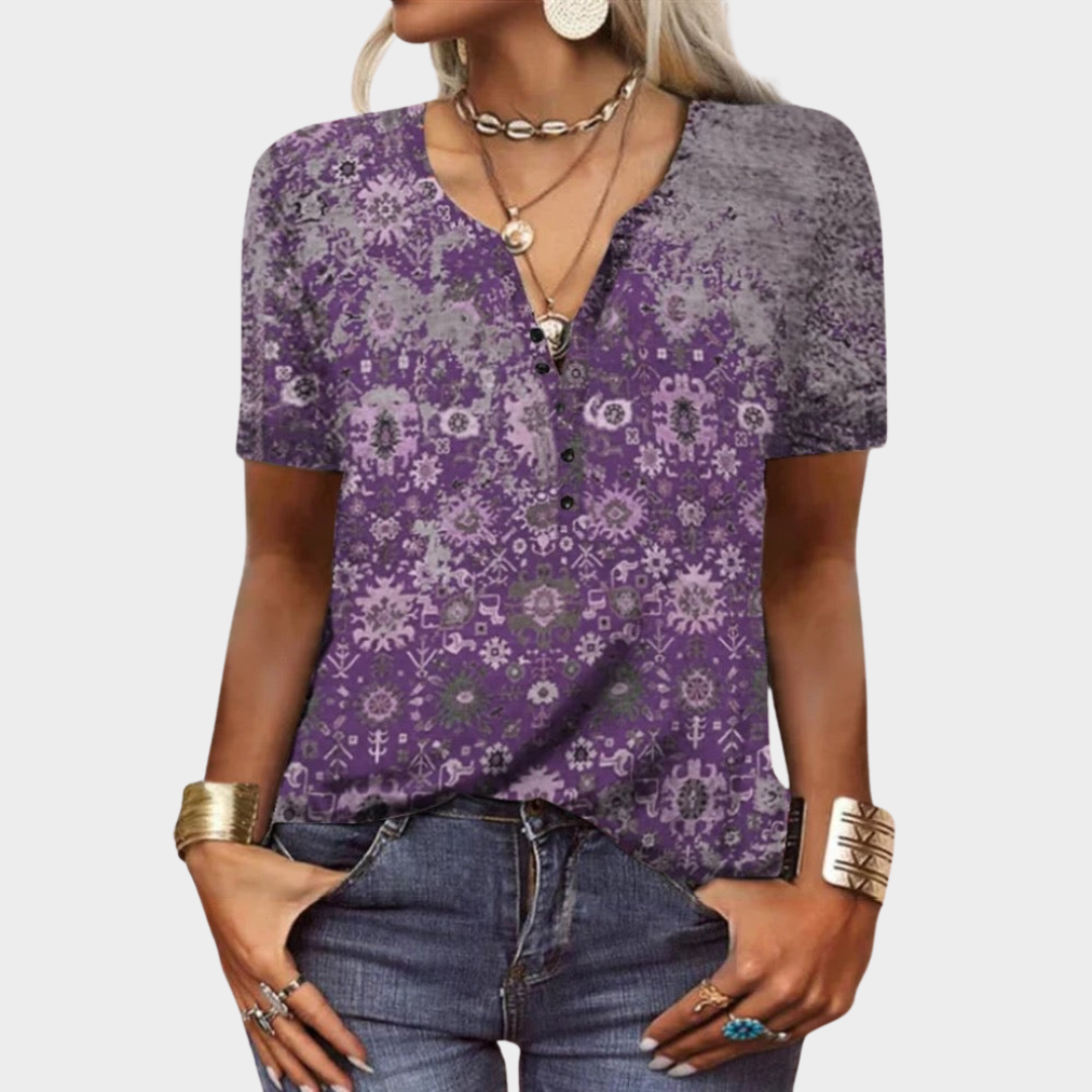 Women's Short Sleeve Blouse – Loose Fit – Ethnic Style – 3D Flower Print – Button-Up – Multiple Colours