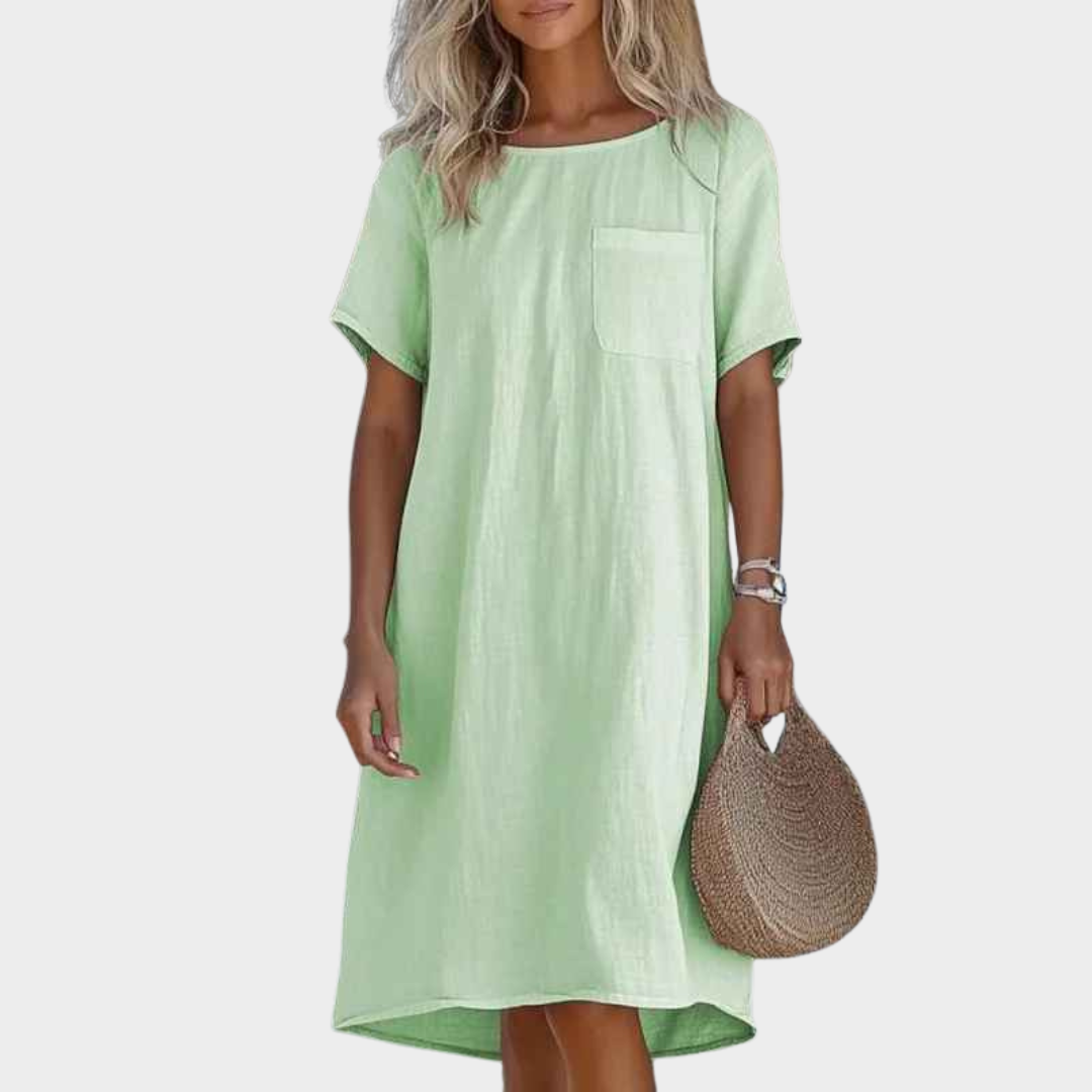 Women Short Sleeve Loose Dress – Linen Round Neck with Pocket Solid Straight Fit – Multiple Colours