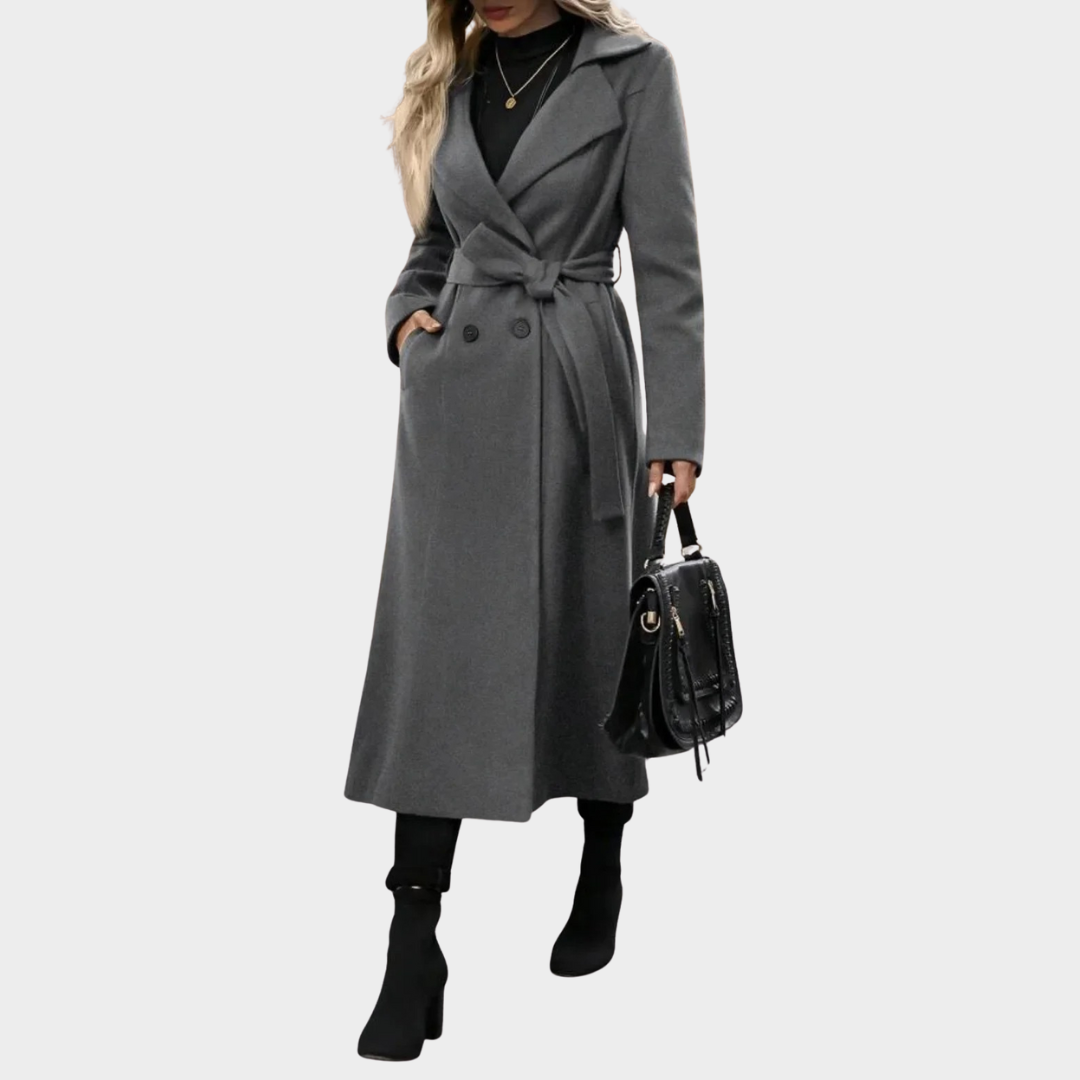 Women Double Breasted Woolen Coat – Extended Length Turn-Down Collar Windbreaker – Elegant Long Overcoat – Multiple Colours
