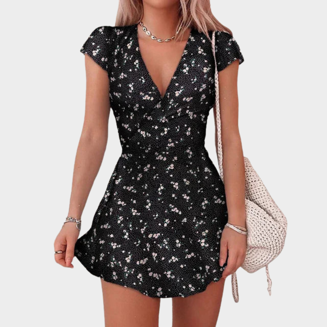 Women’s V-Neck Floral Print Dress – High Waist Fitted Midi with Short Sleeves – Lightweight Soft Fabric Elegant Fit – Multiple Colours