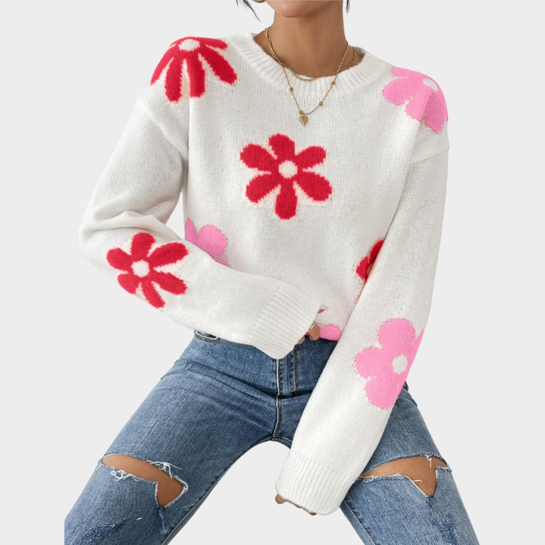 Women’s Crew Neck Sweater - Slim Fit, Loose Long Sleeve Top, White, Red