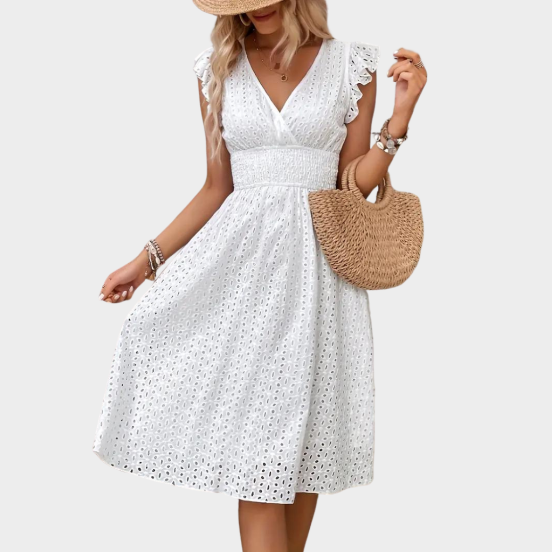 Women's Elegant Dress – Lotus Leaf Sleeve – Casual & Commuting – Fashionable Design – Soft Fabric – White