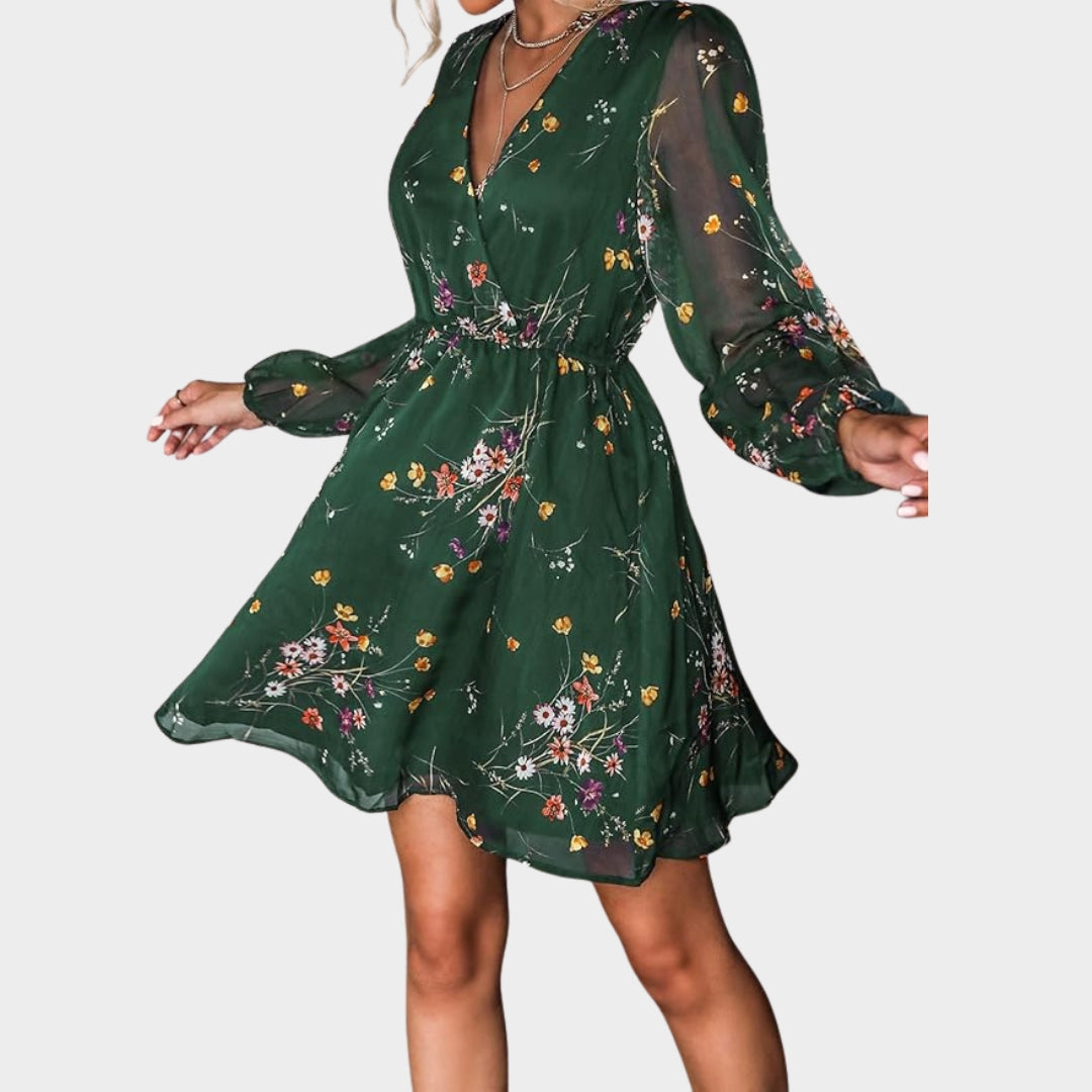 Women's Floral Chiffon Dress - A-Line - Long Peasant Sleeves - Lightweight & Flowy - Multiple Colours