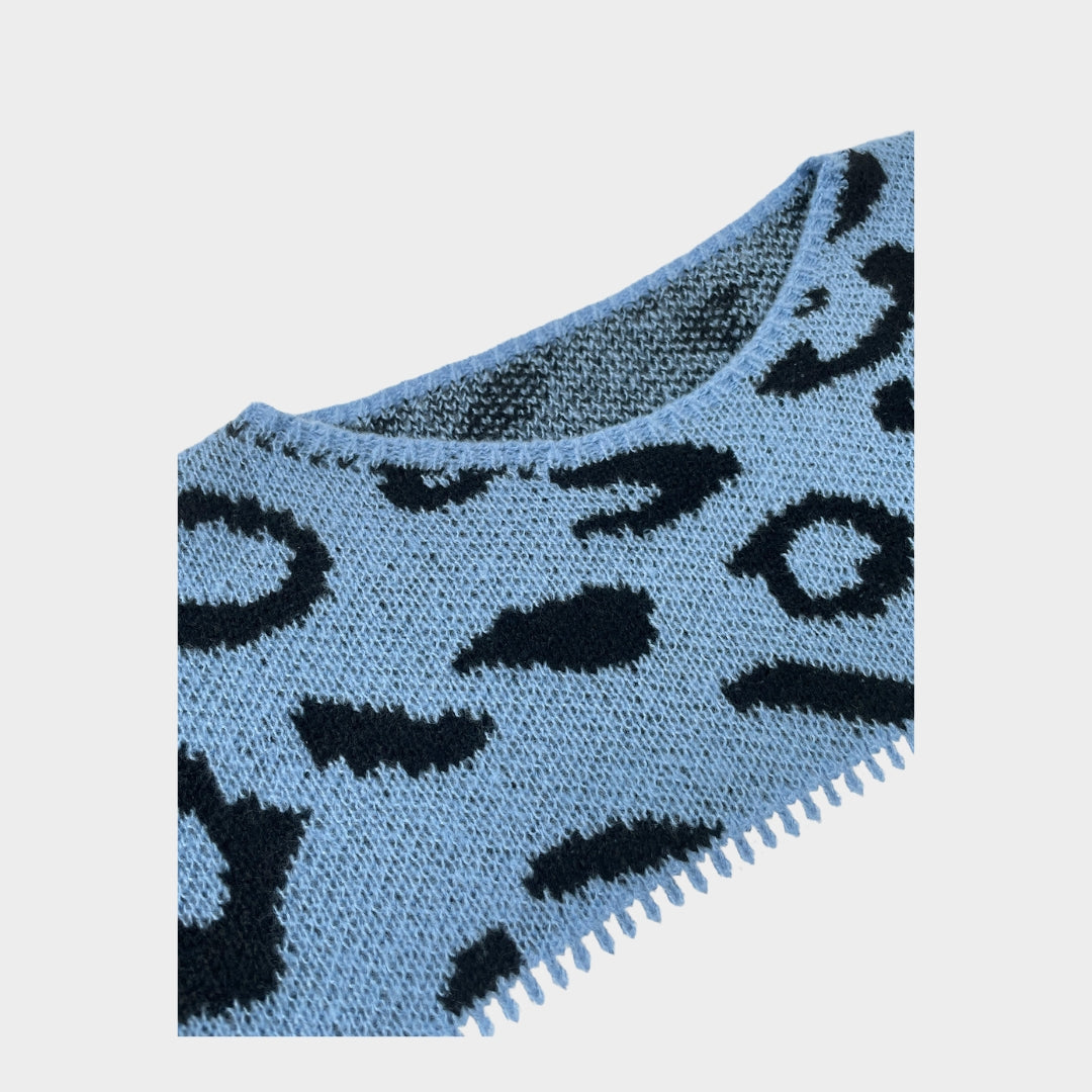 Cozy Casual Leopard Print Sweater - Women’s Boat Neck Knit, Semi-Elastic, Easy Care Polyester, Blue