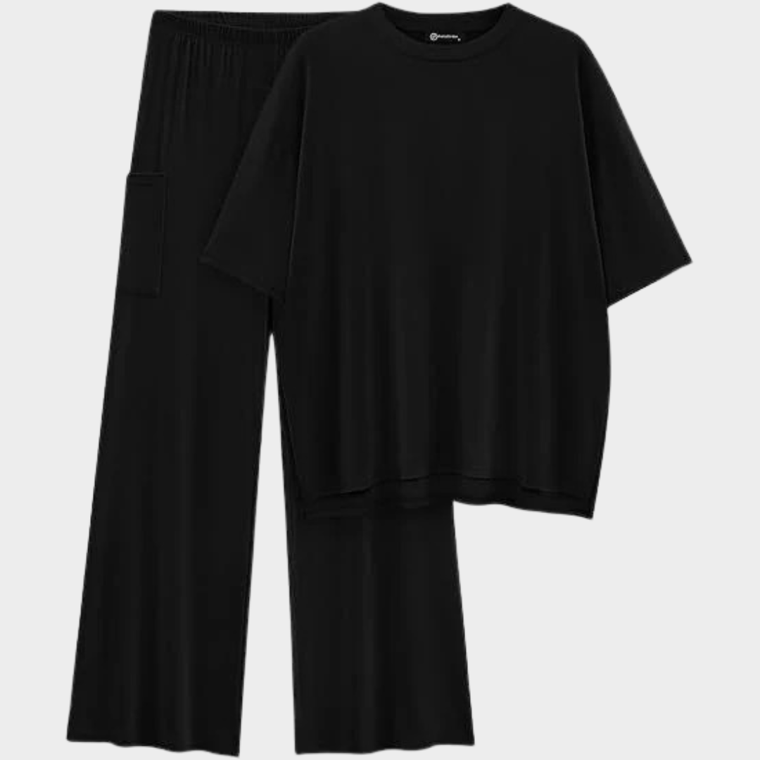 Women Two Piece Outfit – Casual Loose Set with Round Neck Top and Wide Leg Pants – Comfortable Polyester Blend – Multiple Colours