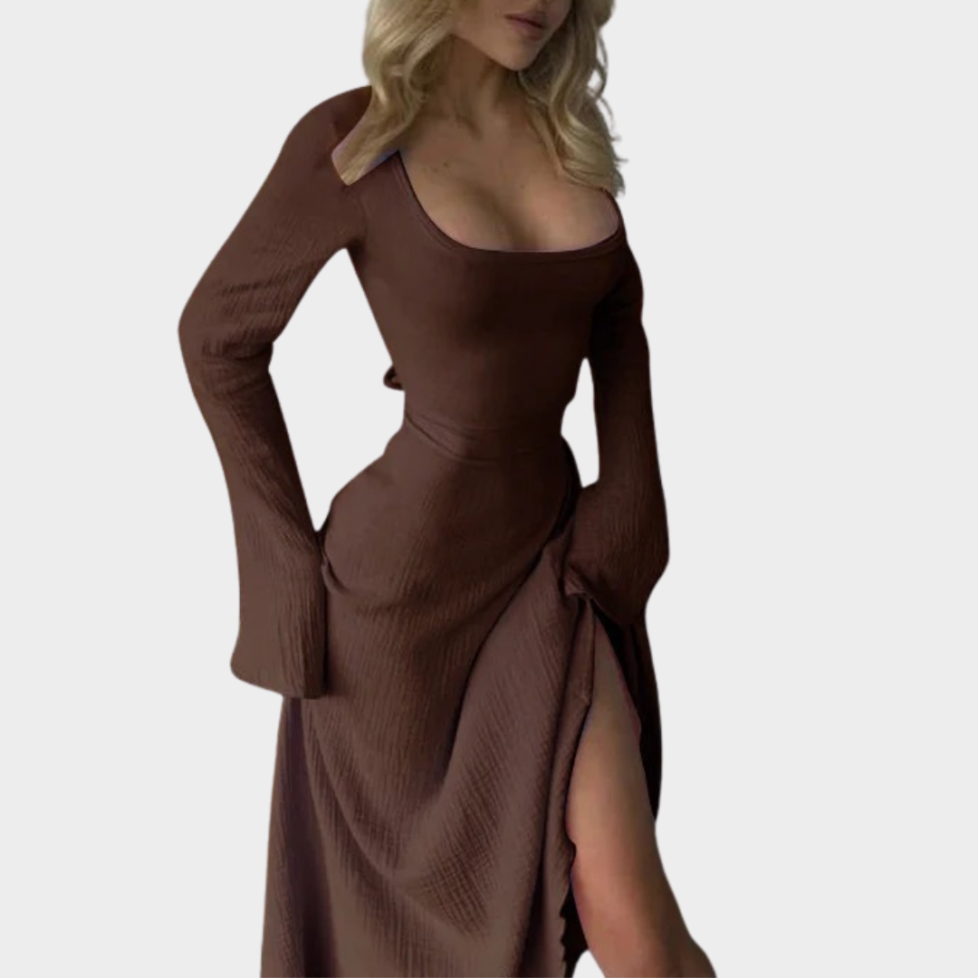 Women Long Dress – Slim Fit Bodycon with Lace Up Detailing – Low Cut V Neck – Long Sleeves and Slit Hem – Elegant Evening Party Wear – Multiple Colours