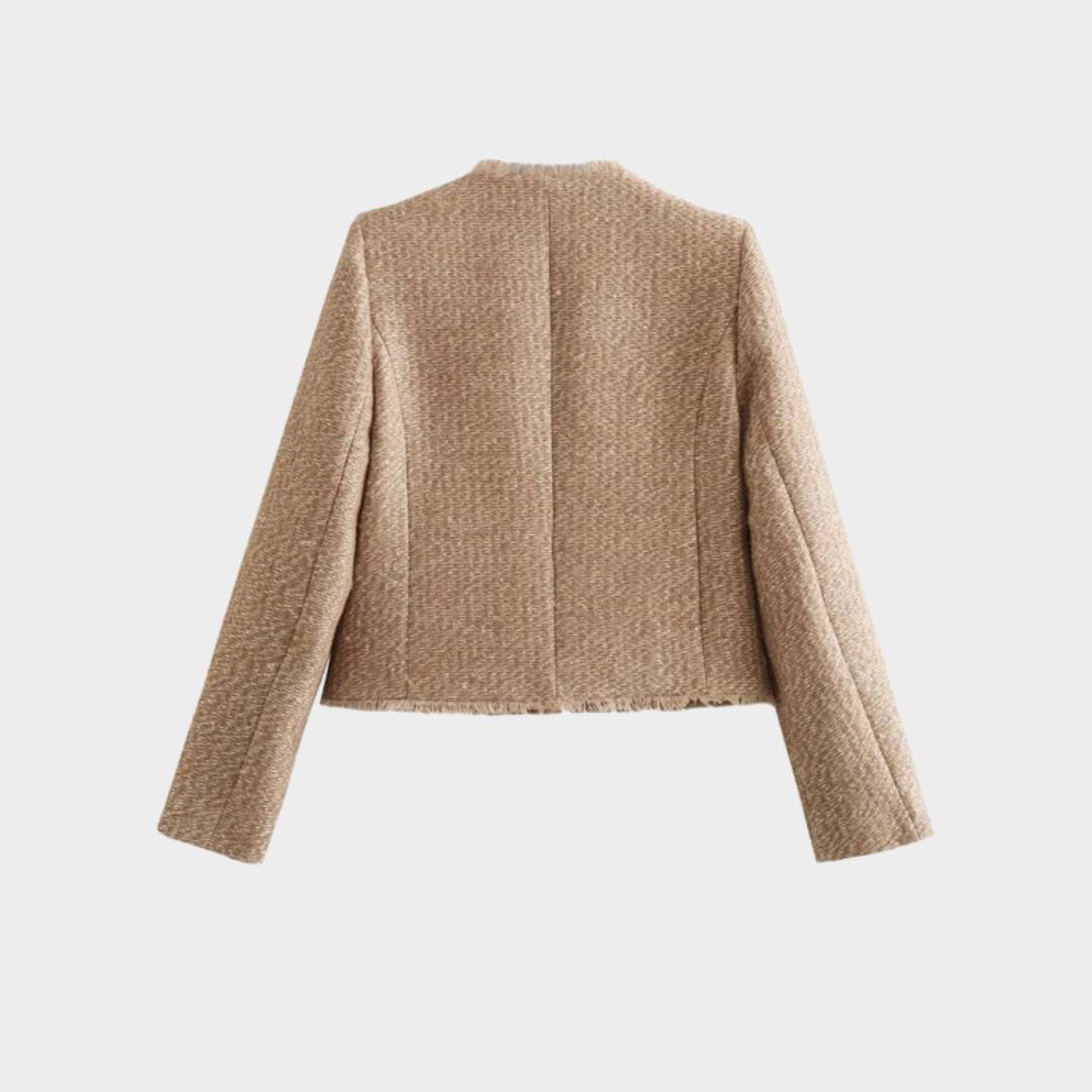 Women's Tweed Jacket – Classic Woolen Outerwear – Long Sleeve – Front Button – Beige