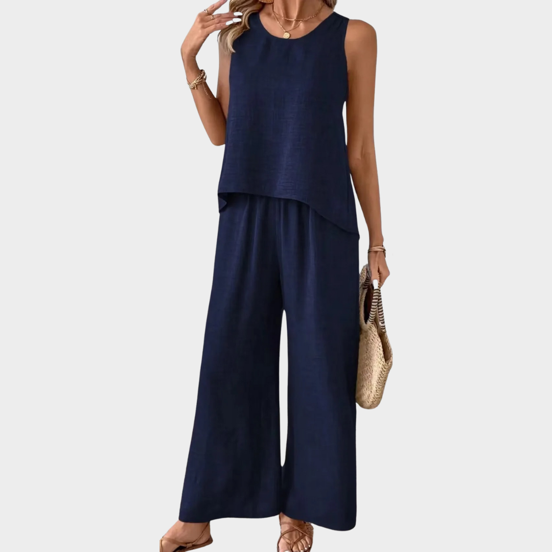 Women 2-Piece Set – Lace Sleeveless Top and Wide-Leg Trousers – Relaxed Fit – Soft Blend – Multiple Colours