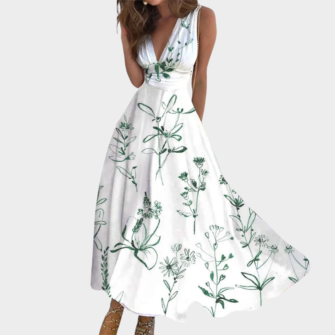 Women’s Floral Print V-Neck Long Dress – Sleeveless A-Line Maxi Style – Lightweight Casual Streetwear – Multiple Colours