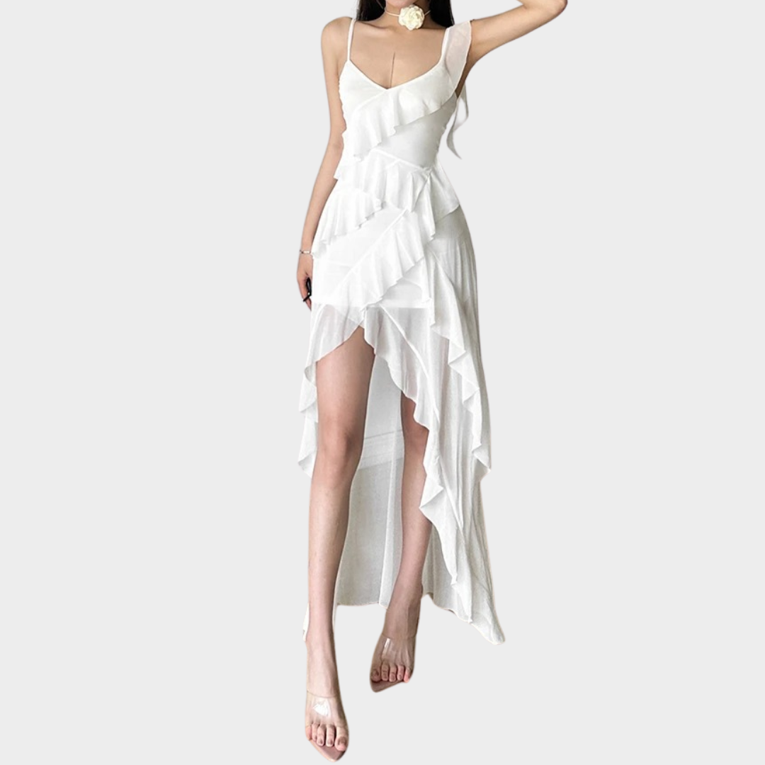 Women’s Tassel Ruffle Long Dress – Elegant Spaghetti Strap Fit – Lightweight Perspective Style – White