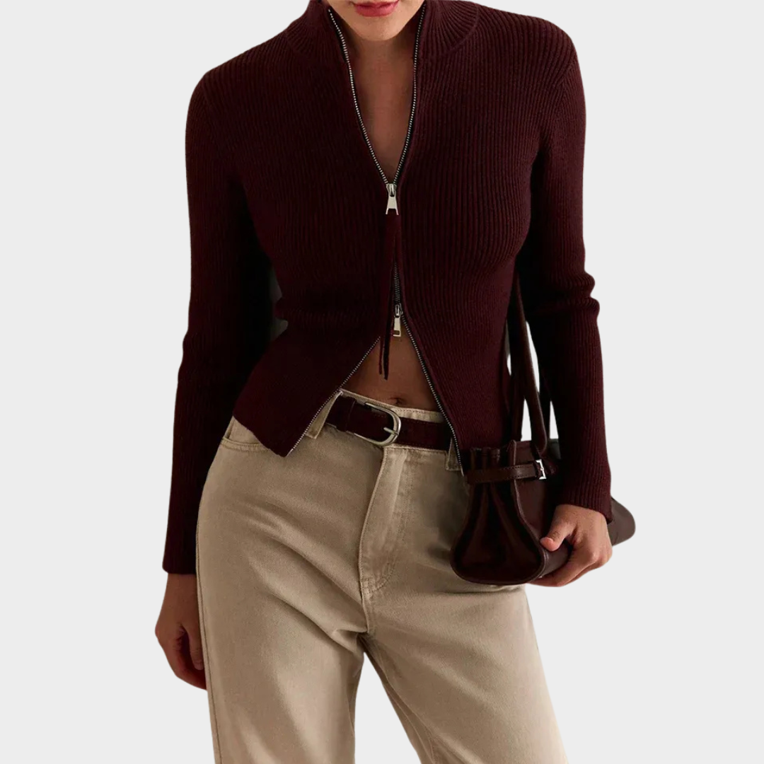 Women’s Knitted Cardigan – Vintage Zip Front Short Sweater with Long Sleeves and Stand-Up Collar – Multiple Colours
