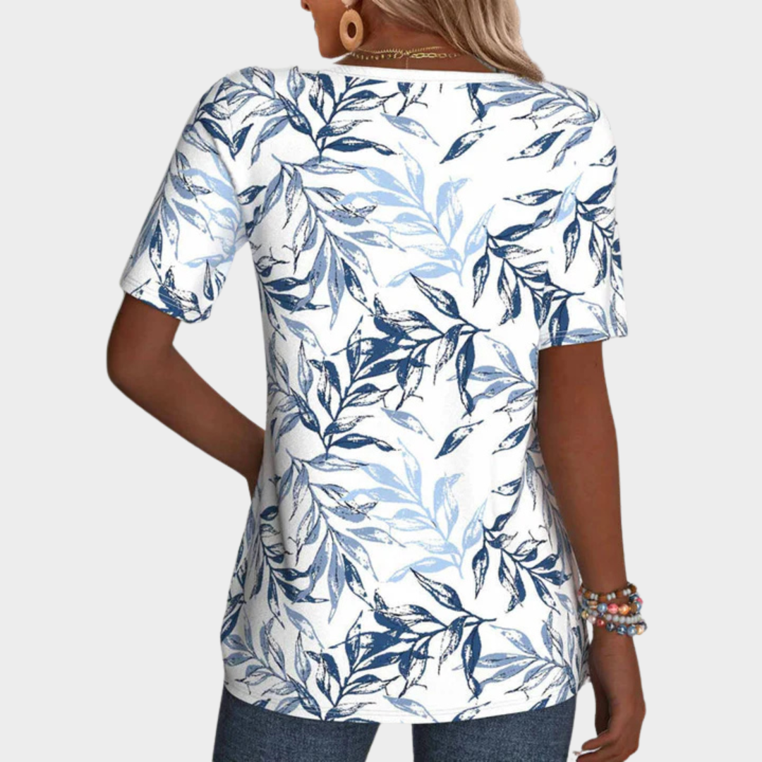 Women’s Casual T-Shirt – Short Sleeve Leaf Print V-Neck Tee – Soft Cotton-Poly Blend – Relaxed Fit – Lightweight and Breathable – Blue