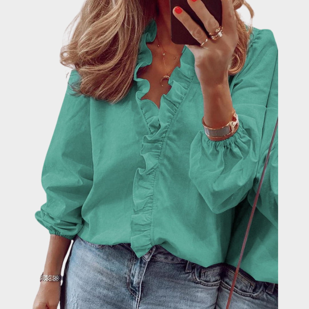 Women's V-Neck Blouse – Short Sleeve Ruffle Top – Elegant & Loose Fit – Multiple Colours