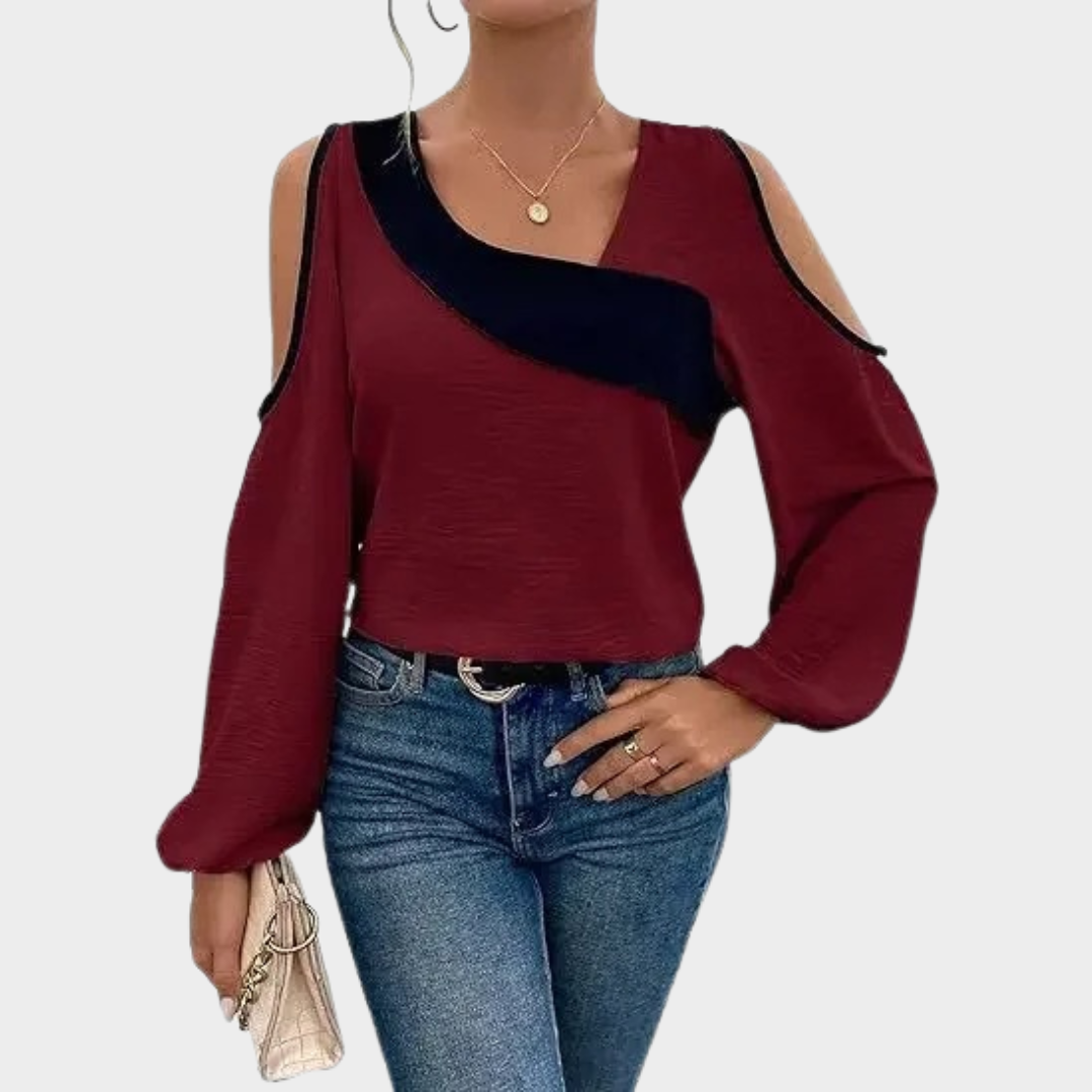 Women’s Off-Shoulder Long Sleeve Blouse – Diagonal Collar – Loose Fit Lantern Sleeves – Soft Fabric – Multiple Colours