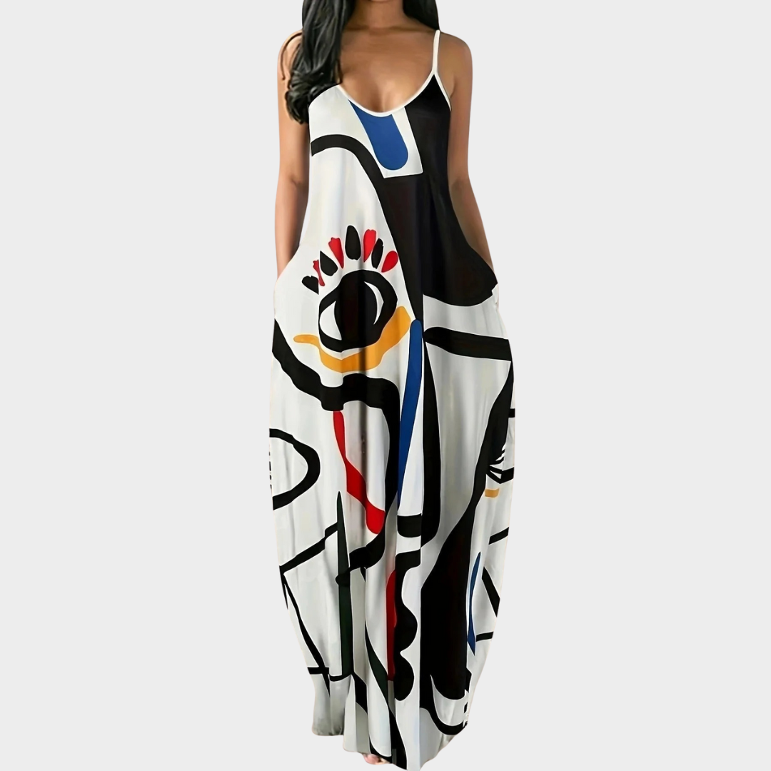 Women's Sleeveless Maxi Dress – Graffiti Print Suspender Style with Pocket Detail – Multiple Colours