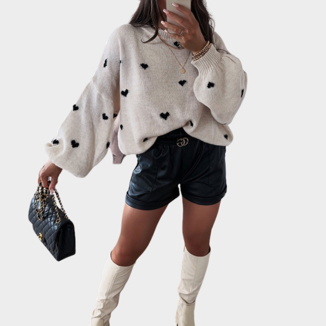 Women's Knitted Pullover Sweater – O-Neck – Love Heart Design – Loose Fit – Soft Knitwear – White