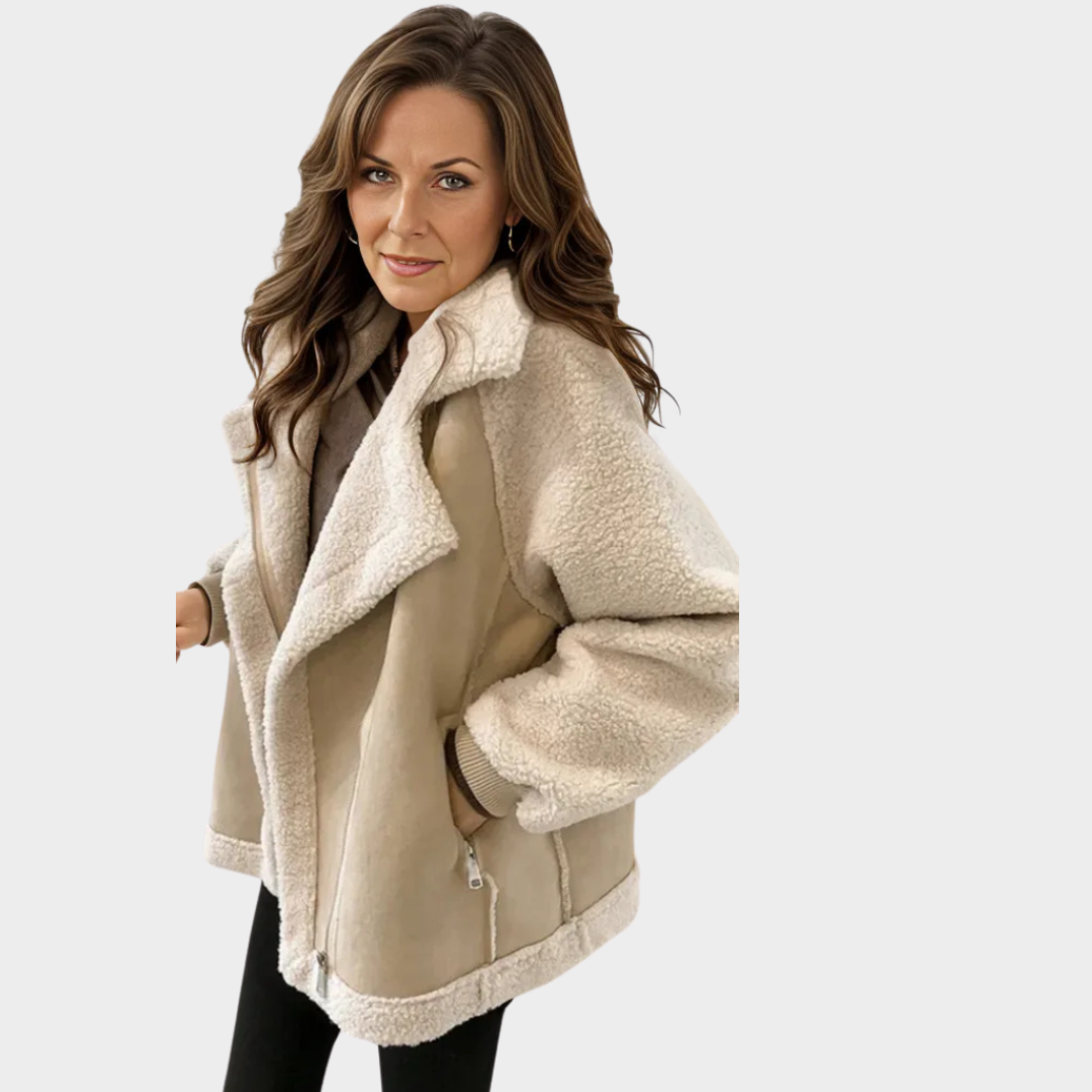 Women's Trendy Varsity Bomber Jacket – Thickened Fabric, Loose Fit, Harajuku Style, Winter Coat (Beige)