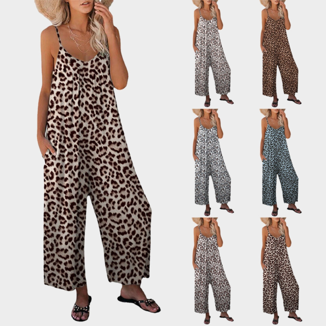 Summer Women's Jumpsuit – Leopard Pattern, Loose Casual Fit, Pockets, Belt, Multiple Colors