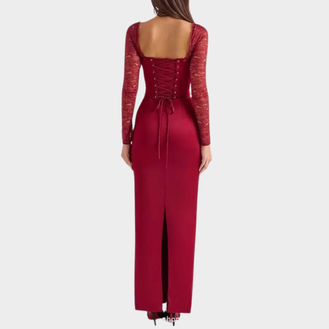 Women's Red Lace Prom Dress – Full Sleeves – Slim Fit – Lace-Up Back – Elegant Party Gown