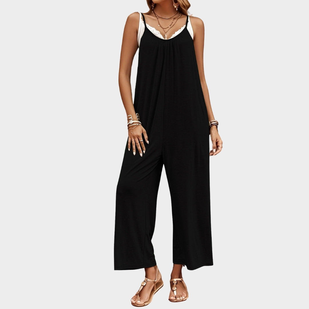 Women’s Solid Color Jumpsuit – Wide-Leg Casual Back Button Pleat Design in Black, Loose Fit