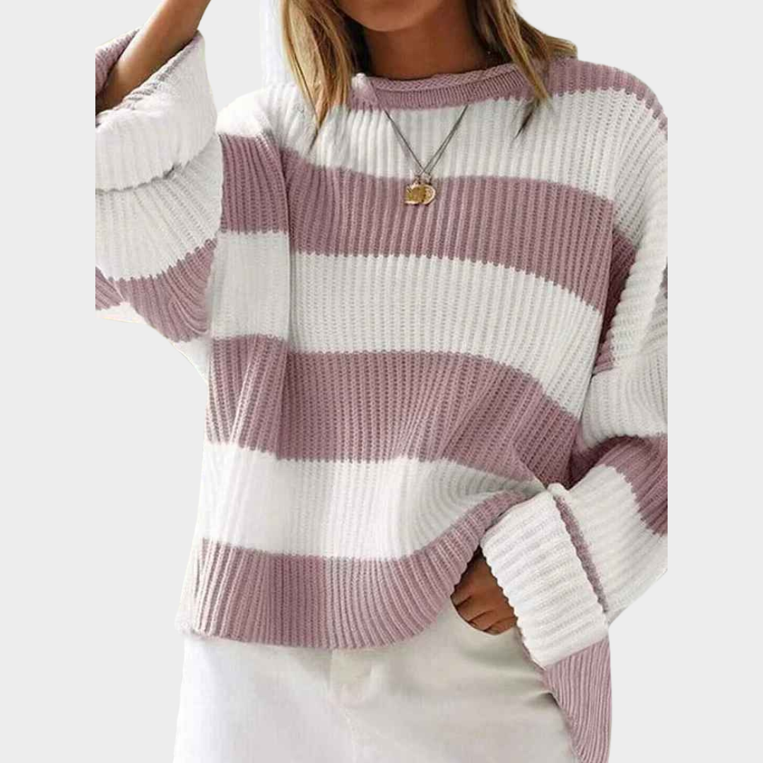 Women's Sweater – Stripe Knitted O-Neck Flared Sleeve Loose Fit Pullover – Multiple Colours