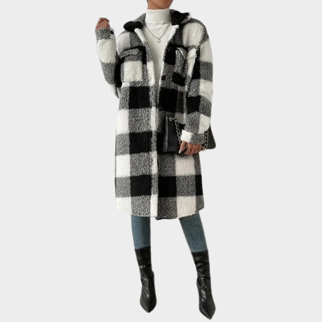 Women Plaid Longline Cardigan Coat – Turn Down Collar Loose Fit Plush Outerwear – Multiple Colours