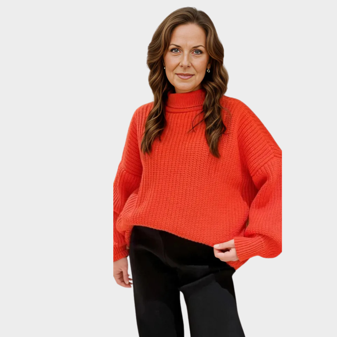 Women's Thick Knitted Cotton Turtleneck Sweater – Relaxed Fit, Warm Fall & Winter Style in Blue, Orange, and More