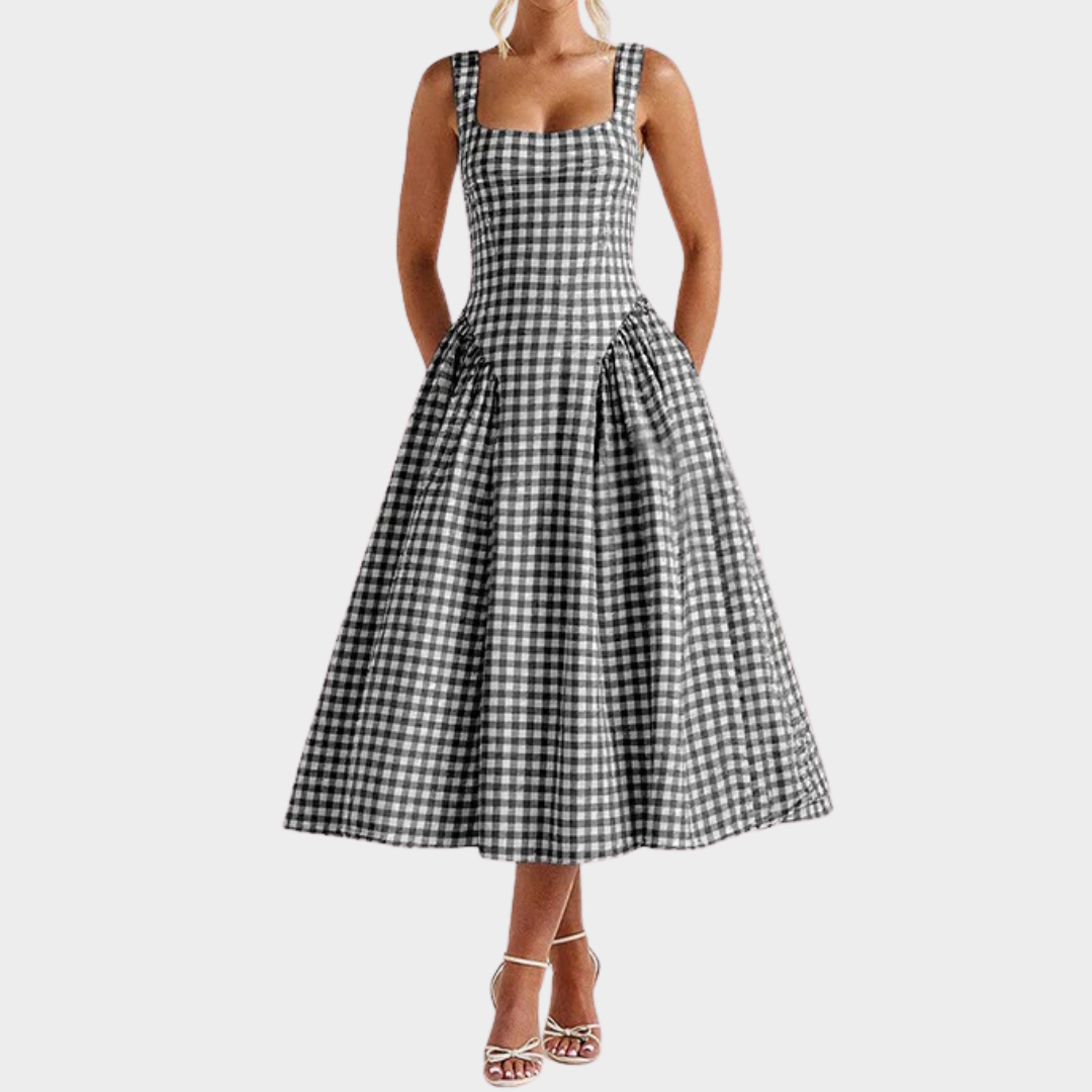 Women’s A-Line Maxi Dress – Square Neck Sleeveless Backless Princess Style – Elegant Plaid Design – Multiple Colours