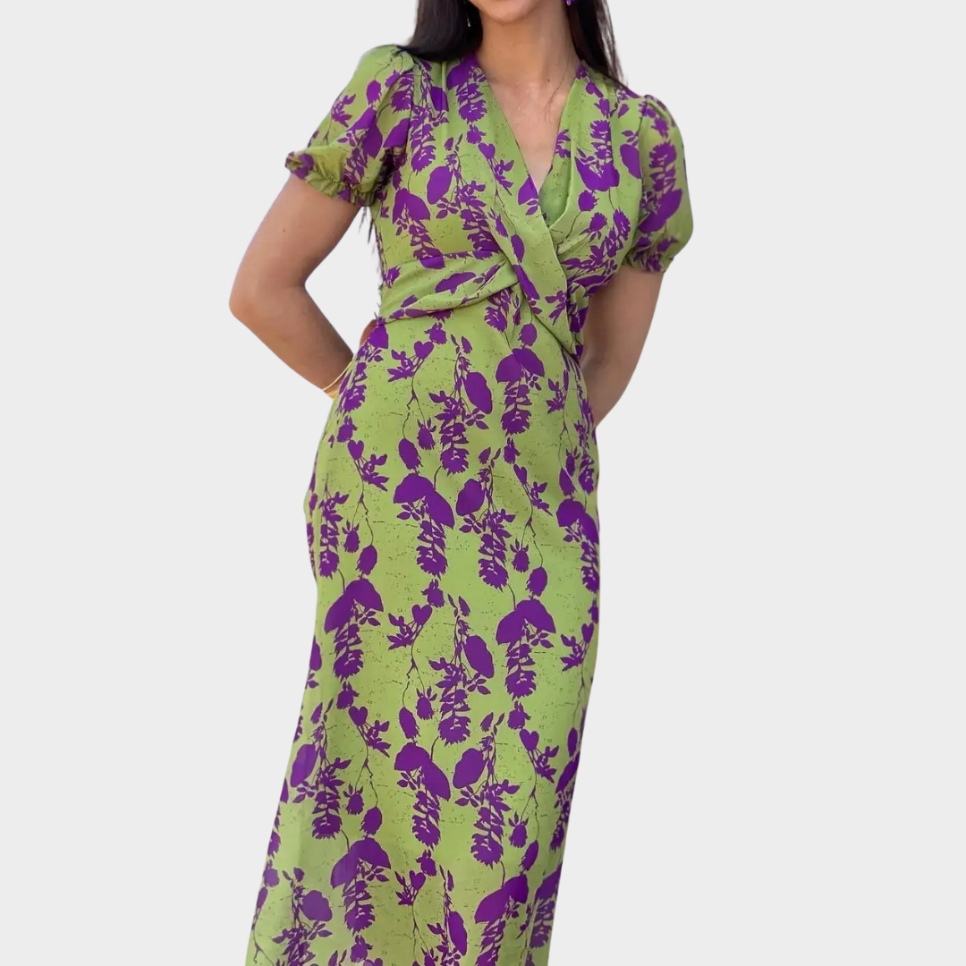 Women’s V-Neck Contrast Print Dress – Slim Short Sleeve Fit with Elegant Casual Style – Lightweight Soft Fabric – Green
