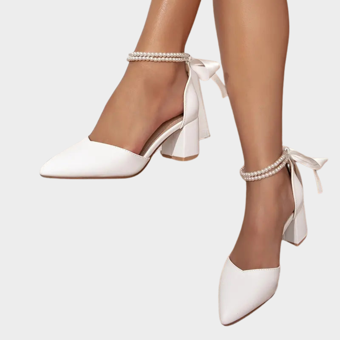 Women's High Heels – Elegant Design – Faux Leather – Faux Pearl Ankle Strap – White – Comfortable Fit