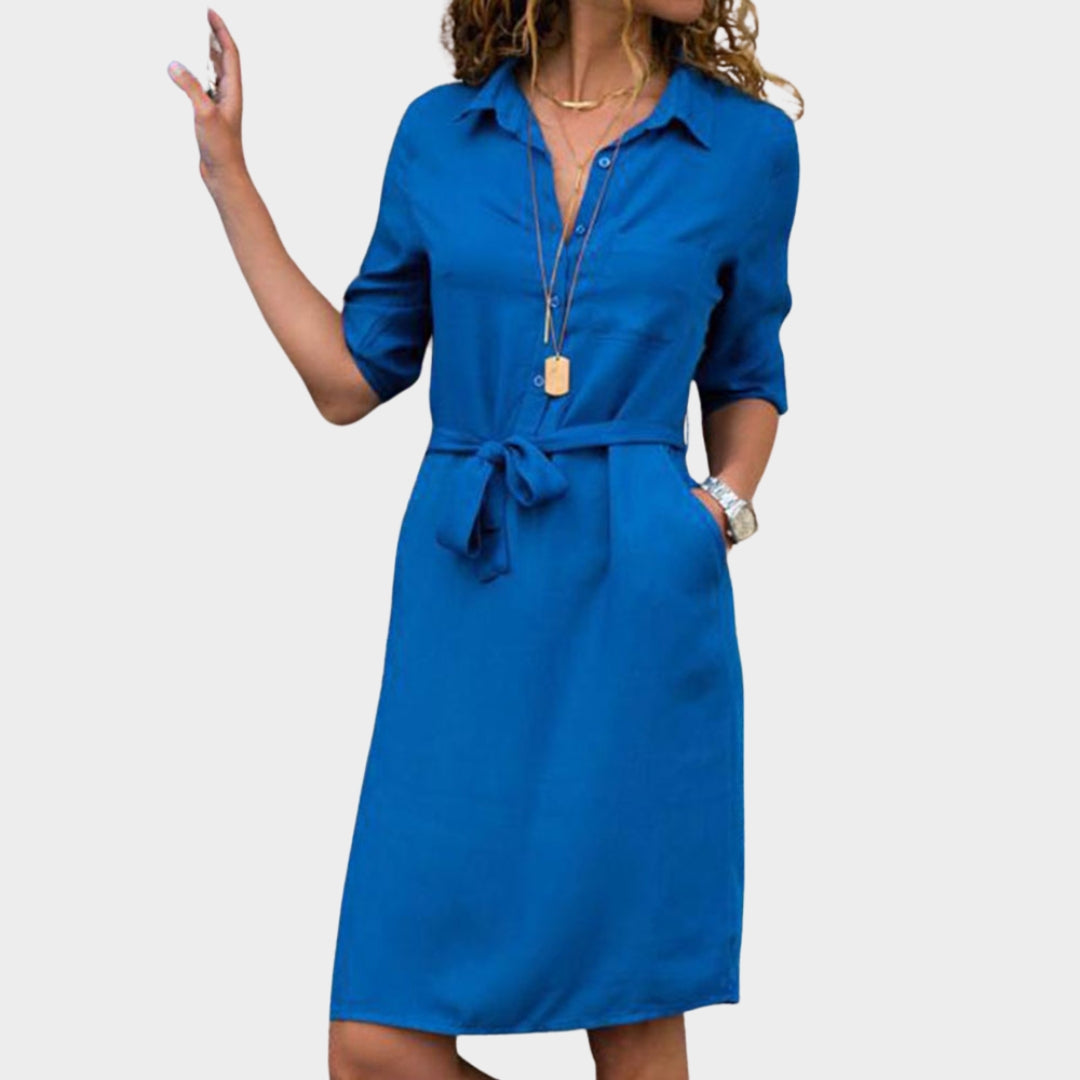 Women's Knee-Length Shirt Dress – Turn-Down Collar & Belted Waist – Multiple Colours