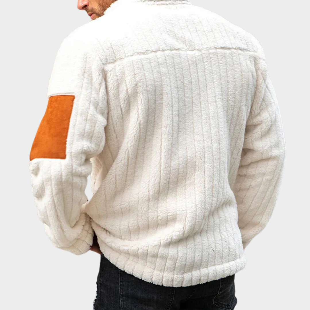 Men’s Patchwork Wool Jacket – Stand Collar – Zip-Up – Warm Fleece Outerwear – Comfortable & Stylish