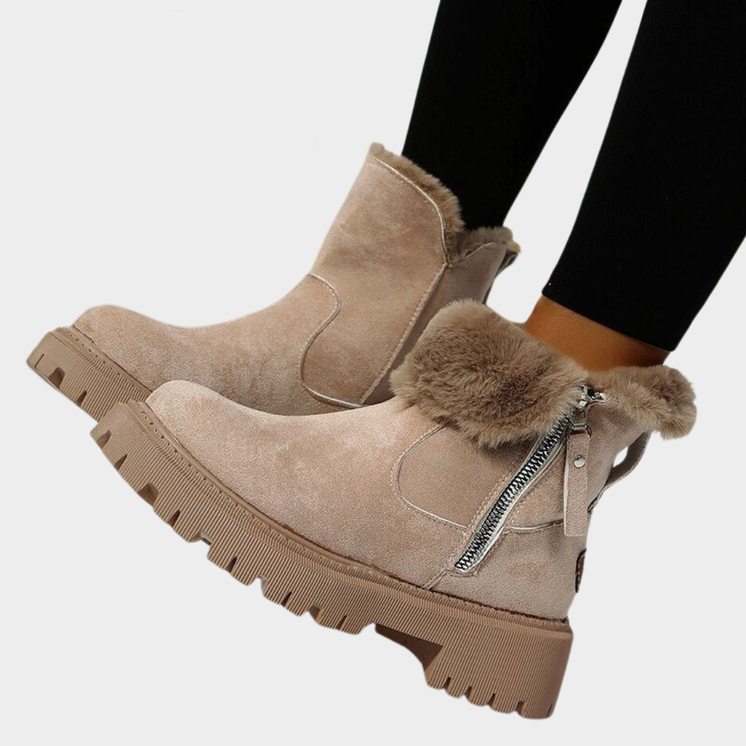 Women’s Ankle Boots – Warm Lined Suede Look with Side Zip – Faux Fur Interior – Non Slip Lug Sole – Multiple Colours
