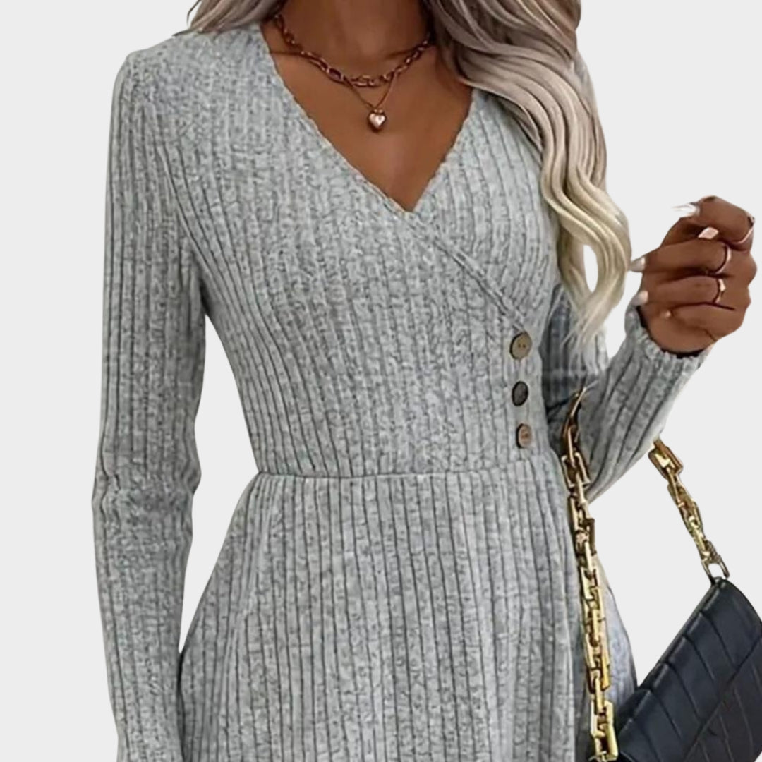 Women's Fall Winter Sweater Dress – V-Neck A-Line Knitted Midi Dress with Long Sleeves, Light Grey