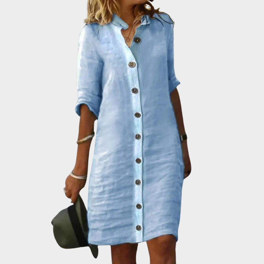 Women’s Loose Fit Long Sleeve Blouse Dress – Turn Down Collar with Button Front – Cotton Linen Blend – Baggy Fit – Multiple Colours