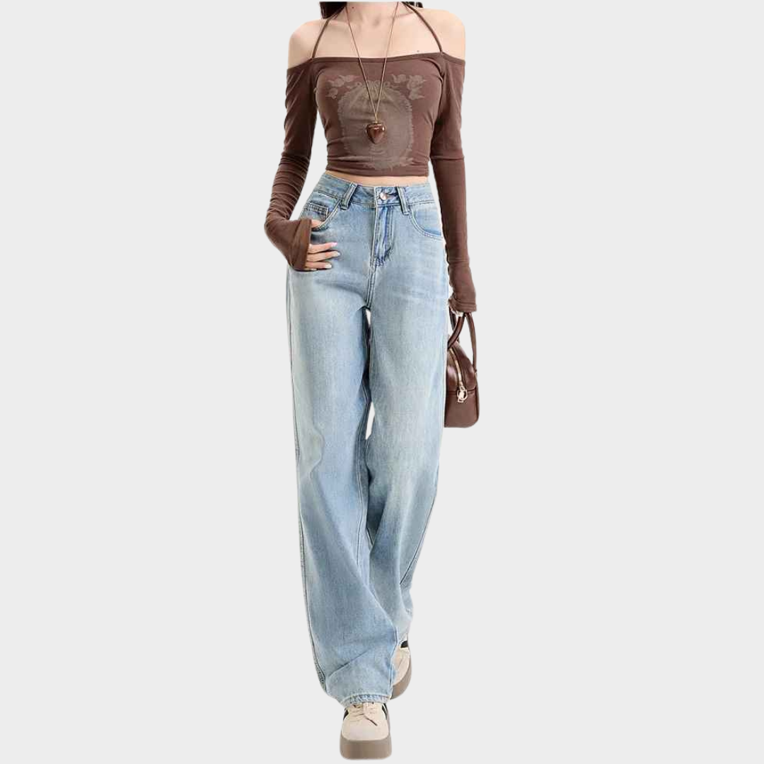 Women's Wide-Leg Jeans - Loose Fit Straight Denim Trousers - Casual Boyfriend Style - Blue