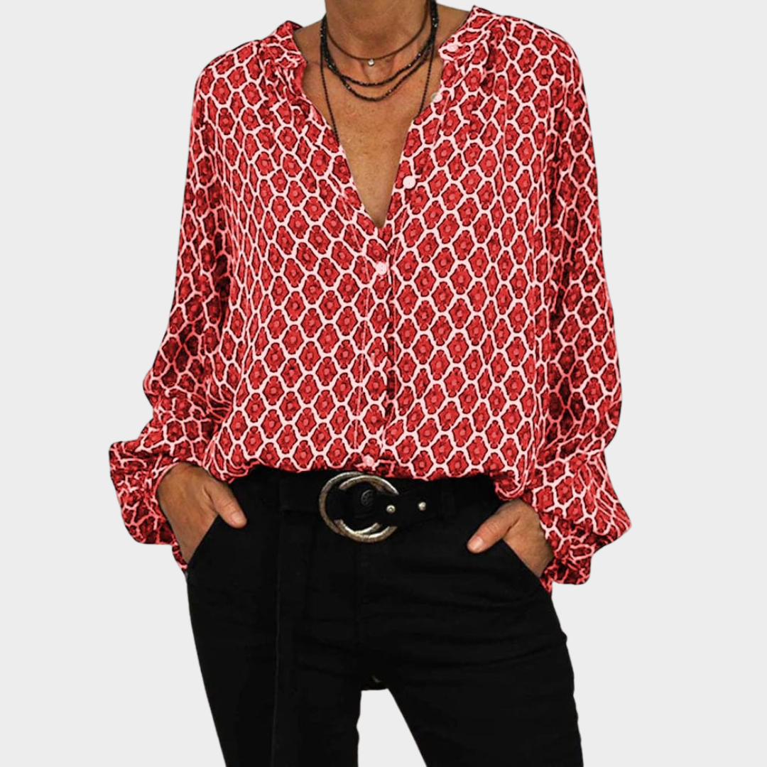 Women's V-Neck Blouse – Long Sleeve – Geometric Print – Loose Fit – Office & Casual Wear – Multiple Colours