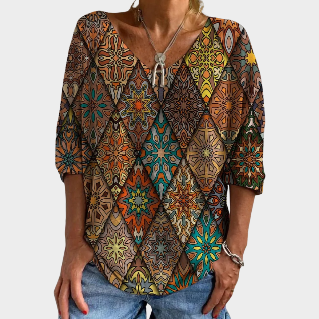 Vintage V-Neck T-Shirt – Women’s Ethnic Print Tee – Soft Cotton Blend – Multiple Colours