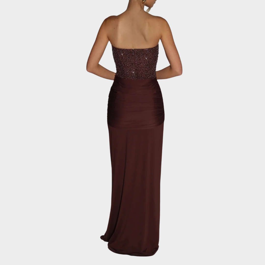 Women’s Off-Shoulder Evening Gown – Luxury Strapless Party Dress with Embellished Mesh Bodice and Slinky Jersey Skirt – Multiple Colours