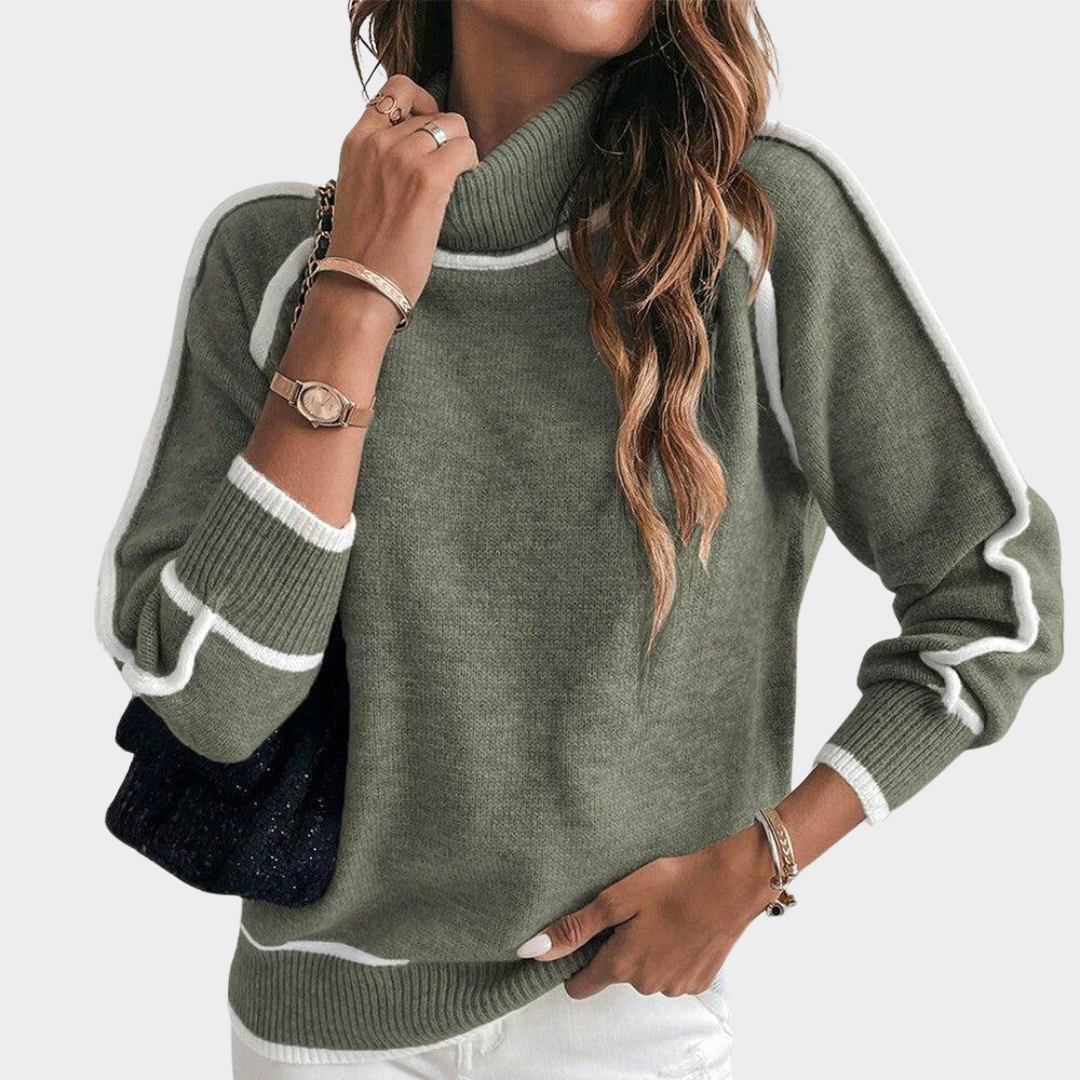 Women’s Turtleneck Patchwork Sweater – Elegant Long Sleeve Pullover – Loose Fit – Soft Knit Fabric – Green