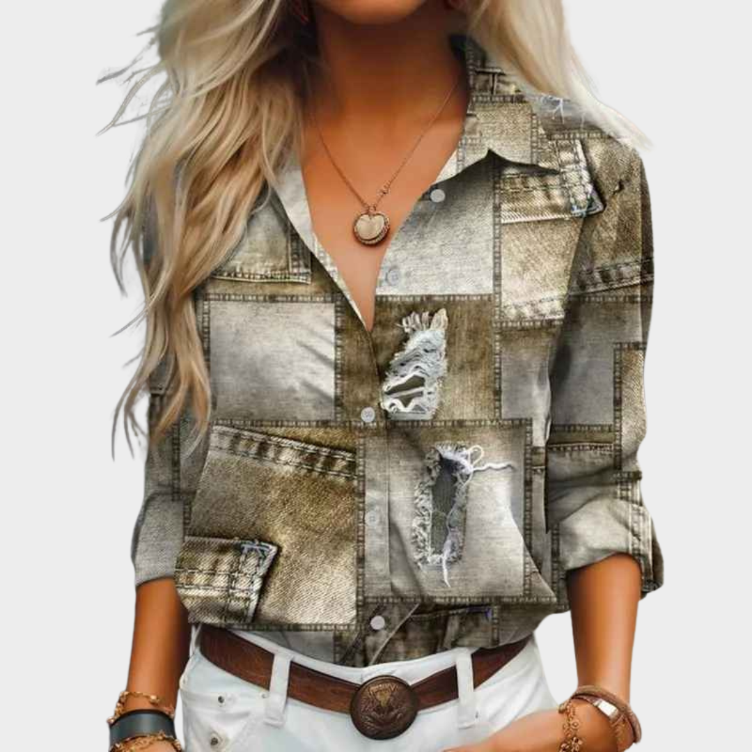 Women's Vintage Blouse - Long Sleeve Patchwork Shirt - Casual Loose Fit - Imitation Denim Print - Multiple Colours
