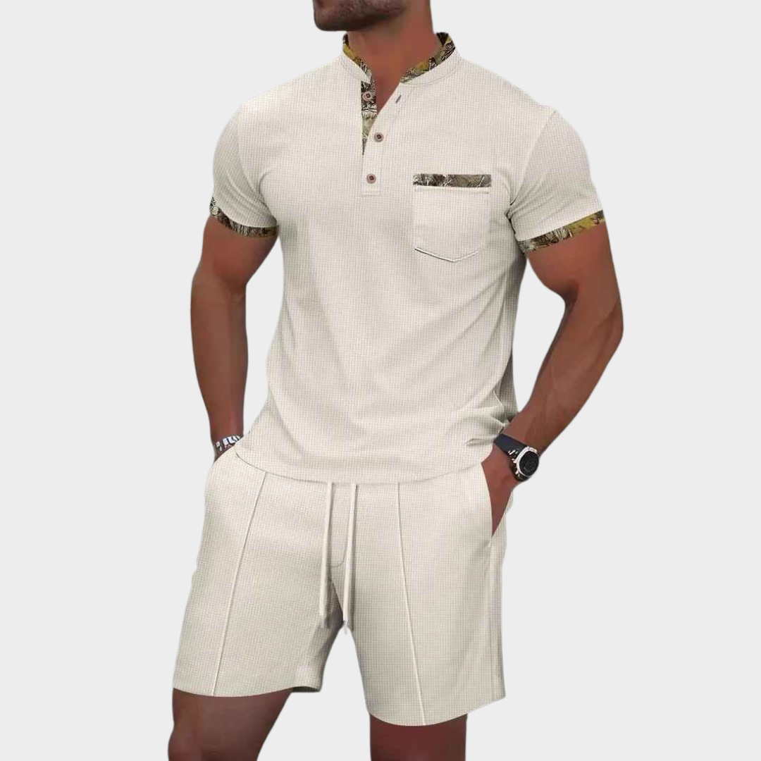 Men's Co-Ord Set – Waffle Zip-Up Lapel Shirt and Shorts Two-Piece – Multiple Colours