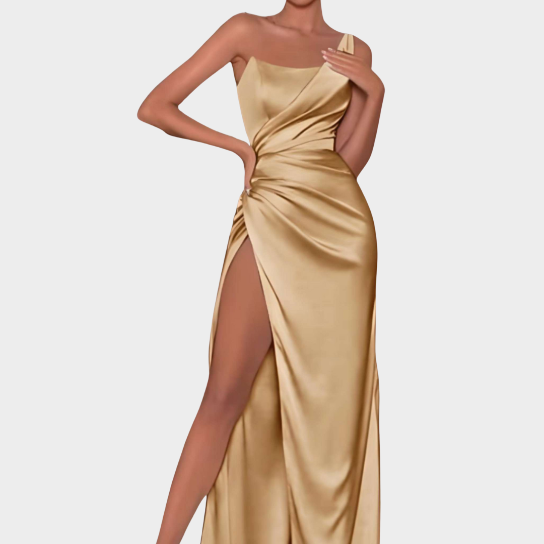 Women's One-Shoulder Satin Ruched Formal Dress – Elegant & Backless – Long with Split – Multiple Colours